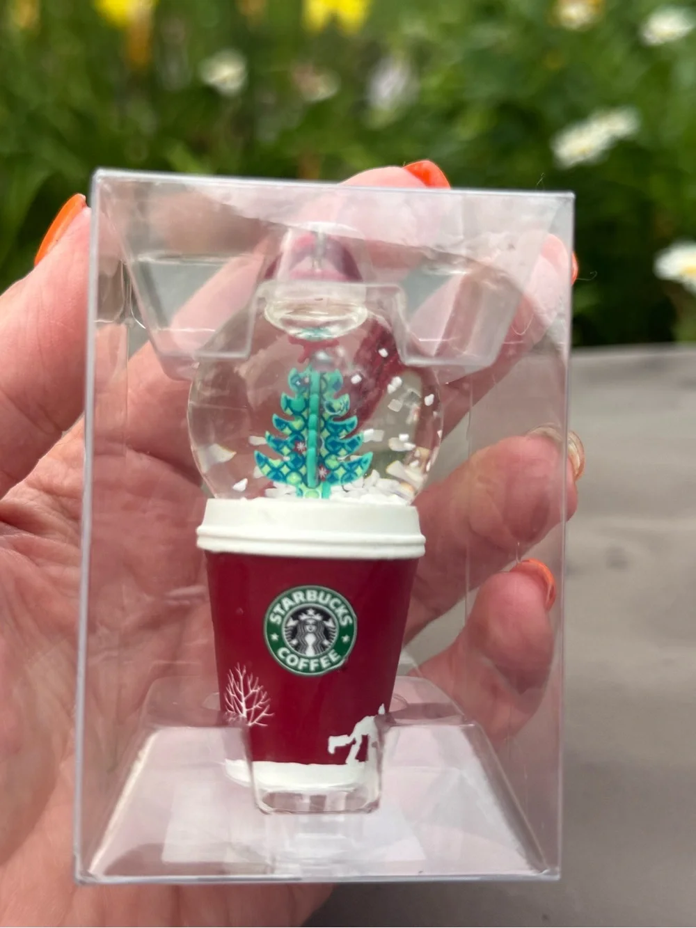 Starbucks Red Mini Snow Globe Cup Ornament with Green Tree